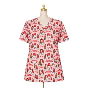 Christmas Gnome Print Women's Scrub Top